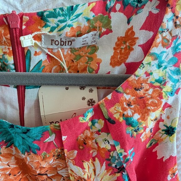 NWT Linen Floral Sheath Dress Pockets Coral & Teal Size 38, Size 6 Summer - Picture 5 of 13